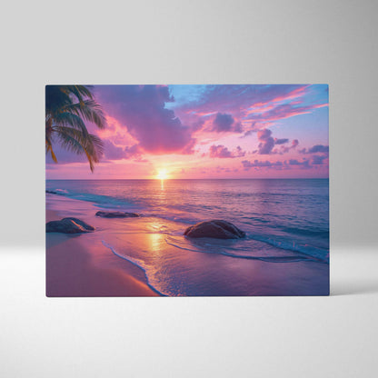 Vibrant tropical beach sunset canvas wall art with purple hues, palms, waves