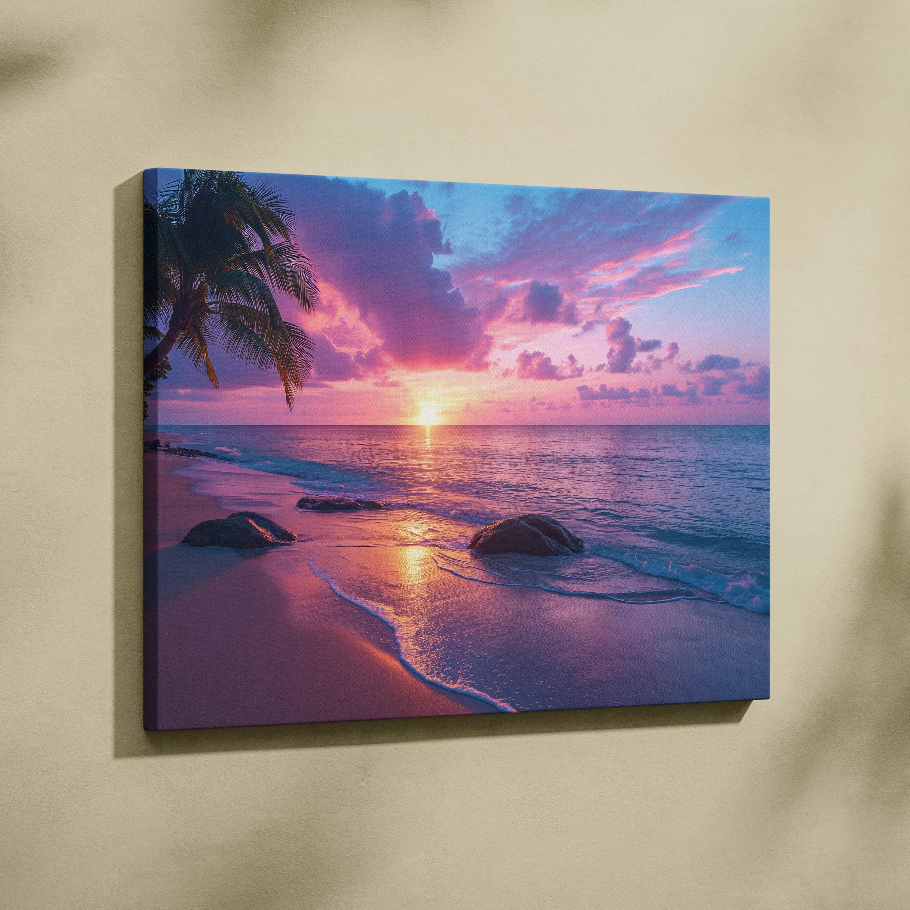 Canvas wall art of tropical beach sunset with palm trees and ocean waves in purple hues