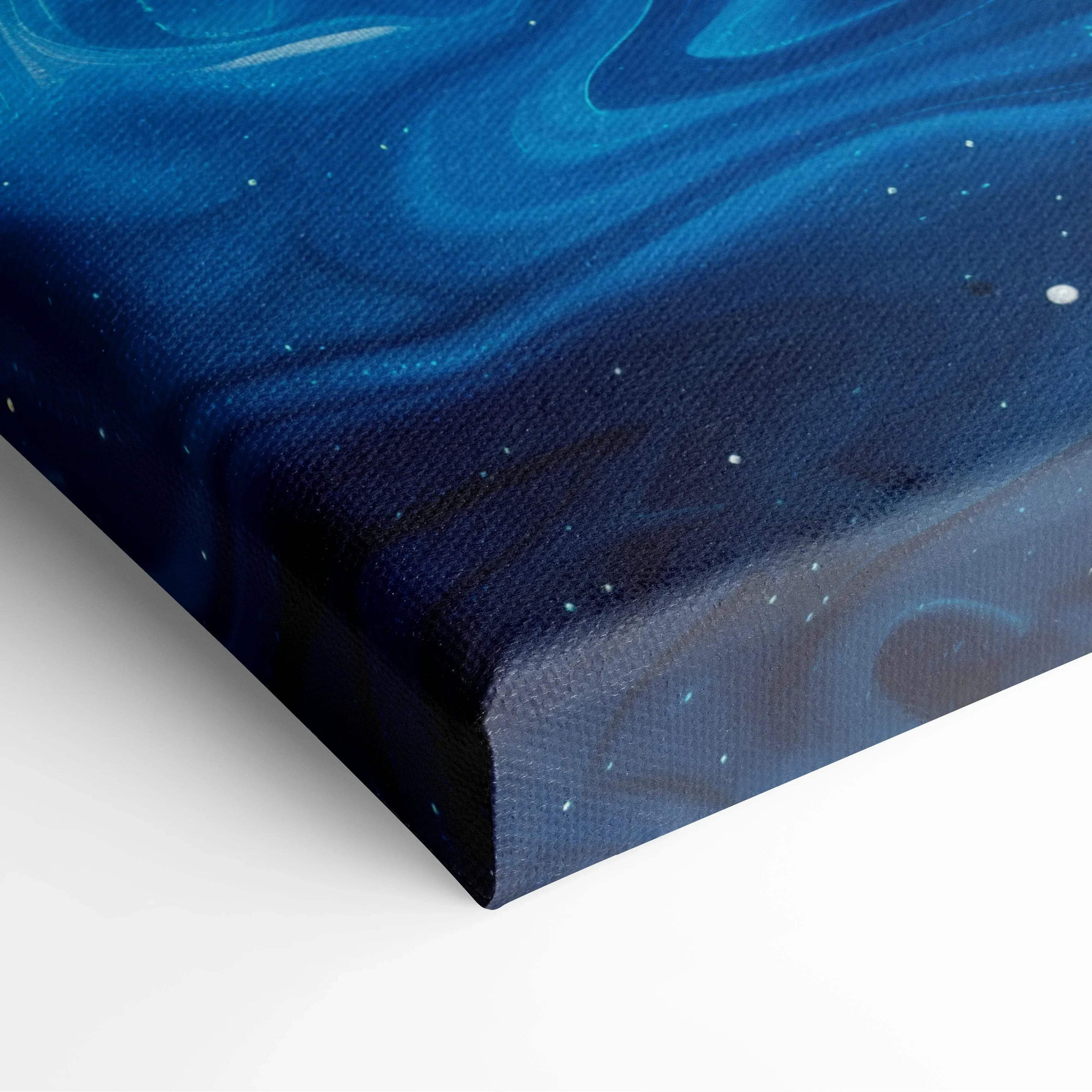 Blue abstract digital design with swirling patterns on stretched canvas wall art.