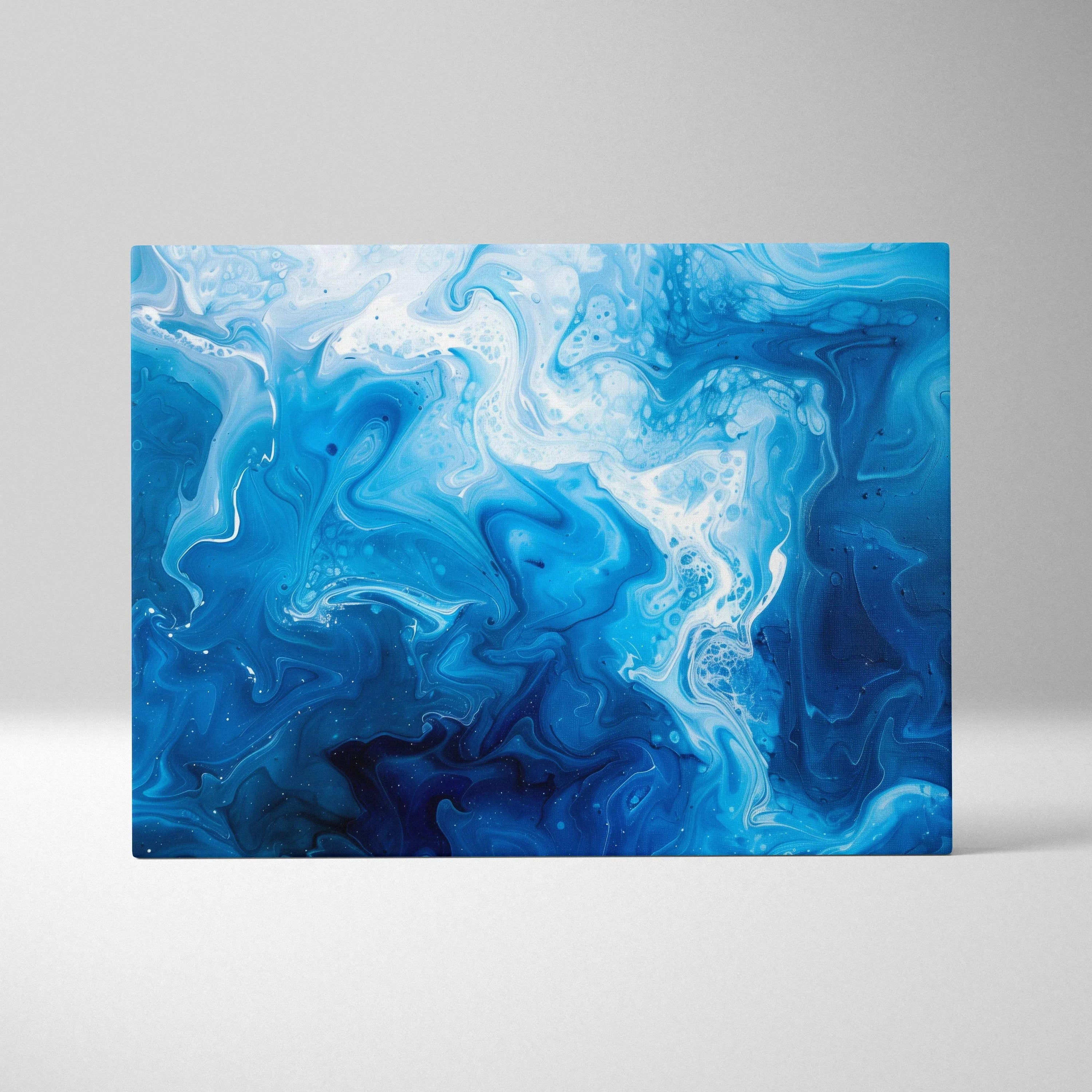 Abstract blue and white swirling digital art on a rectangular canvas wall print.