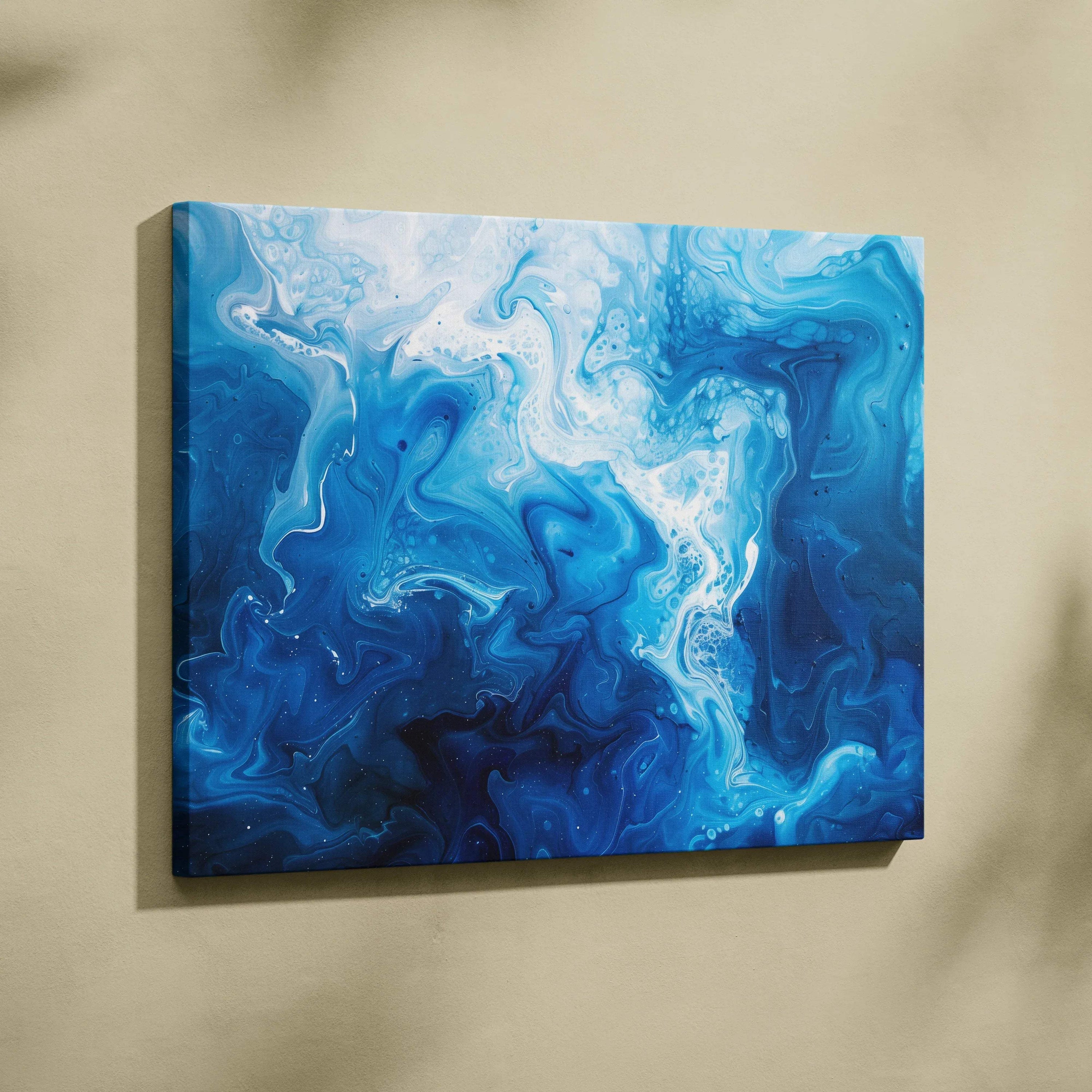 Blue and white modern abstract digital art on canvas wall art with fluid, swirling patterns.