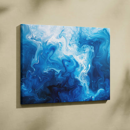Blue and white modern abstract digital art on canvas wall art with fluid, swirling patterns.