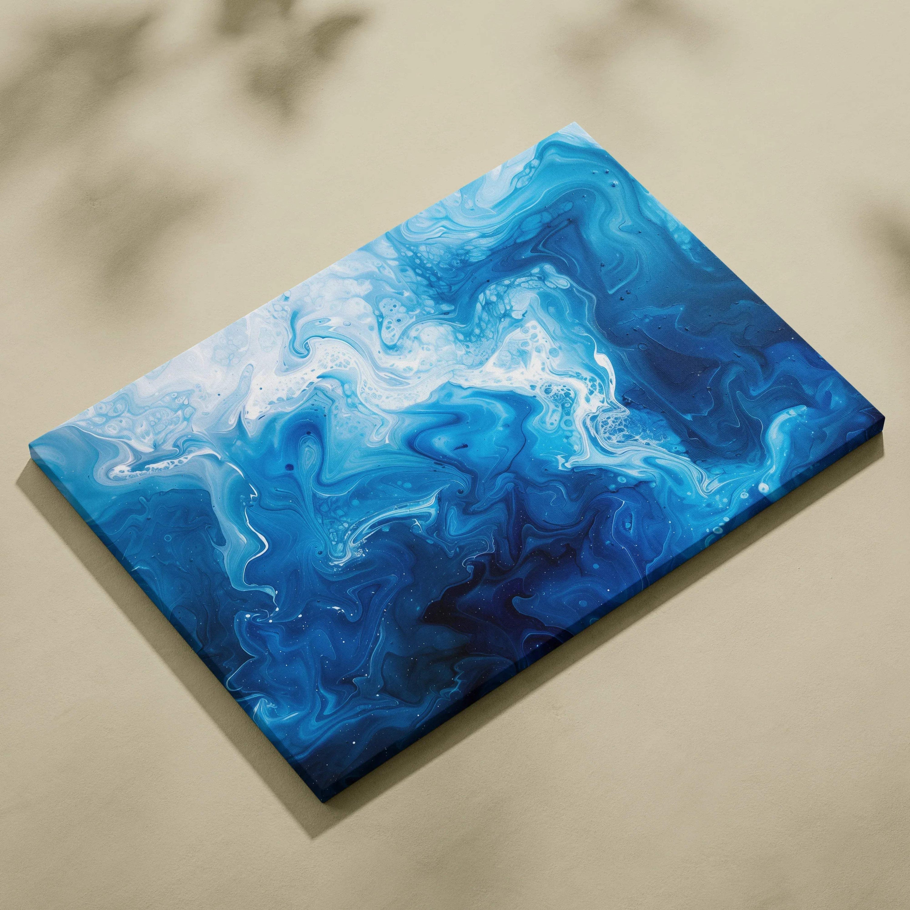 Blue and white abstract digital art canvas with fluid swirling patterns for wall decor.