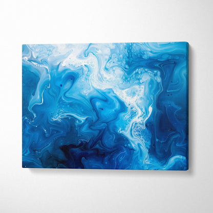 Abstract blue and white fluid digital art on horizontal canvas wall art.