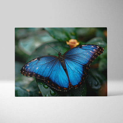 Vibrant blue morpho butterfly on dewy leaf, Visionary Collection canvas art
