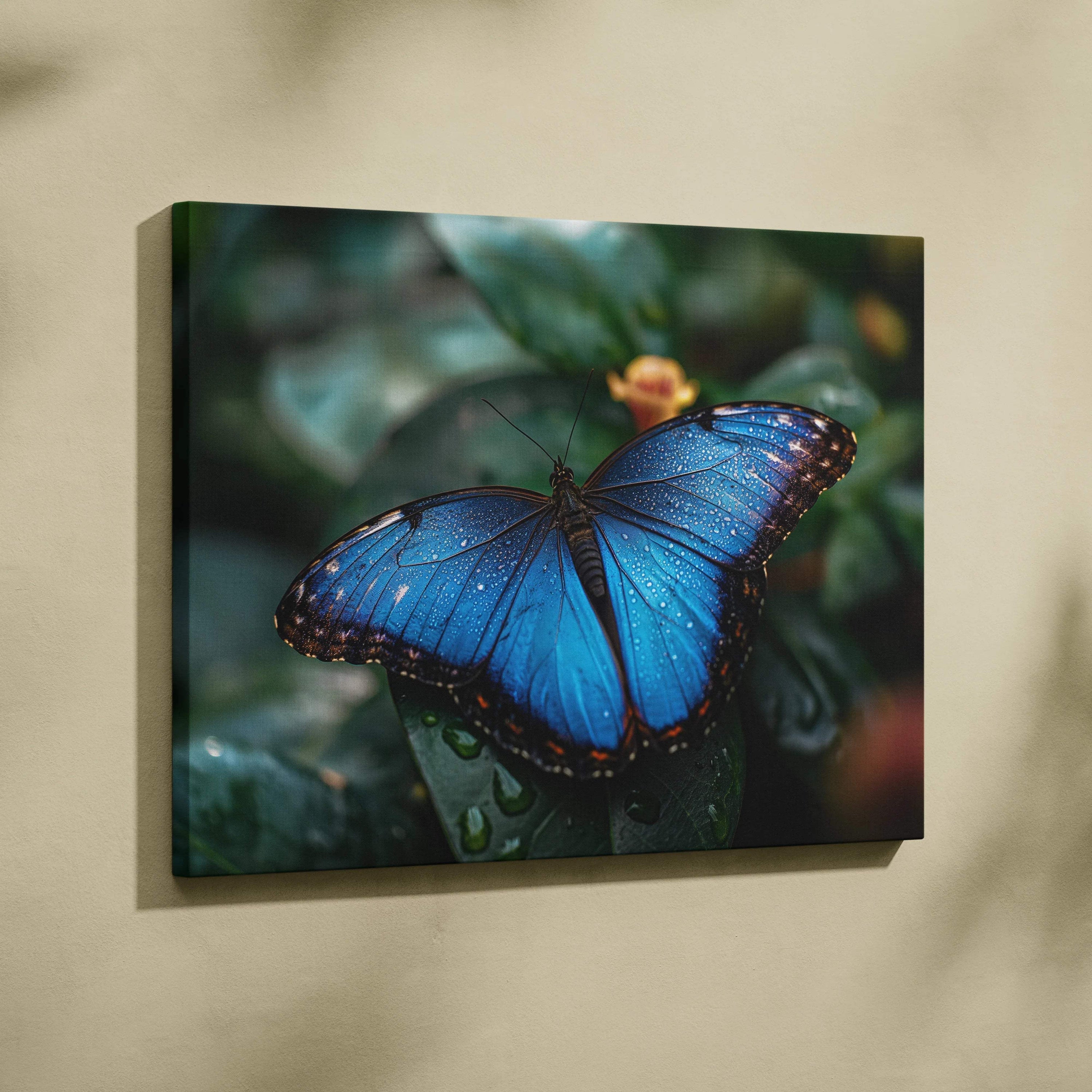 Vibrant blue butterfly with iridescent wings on dewy leaves, Visionary Collection canvas wall art