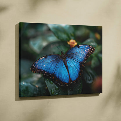 Vibrant blue butterfly with iridescent wings on dewy leaves, Visionary Collection canvas wall art