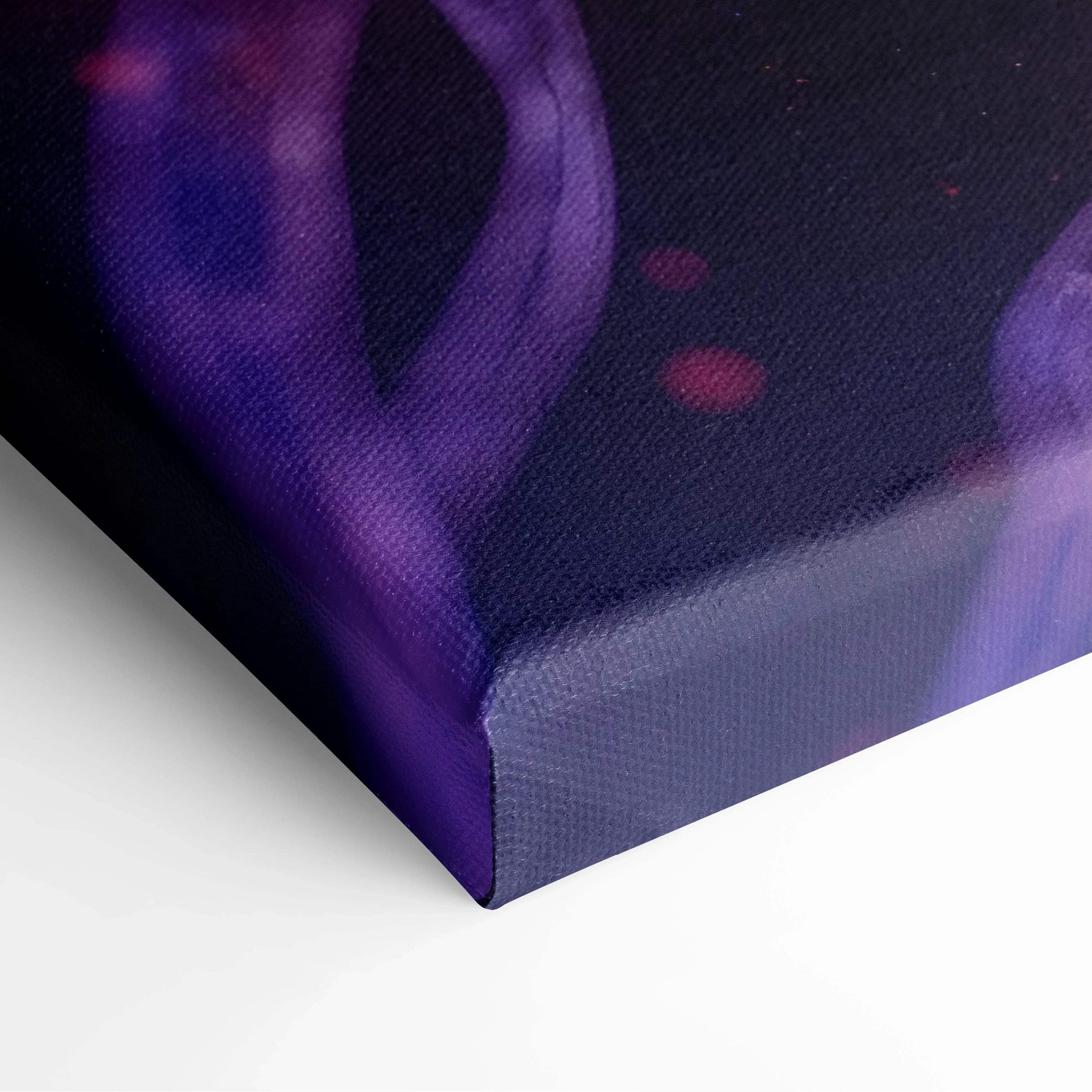 Close-up of stretched canvas showing dark purple and black abstract digital art with smooth gradients and subtle red accents.
