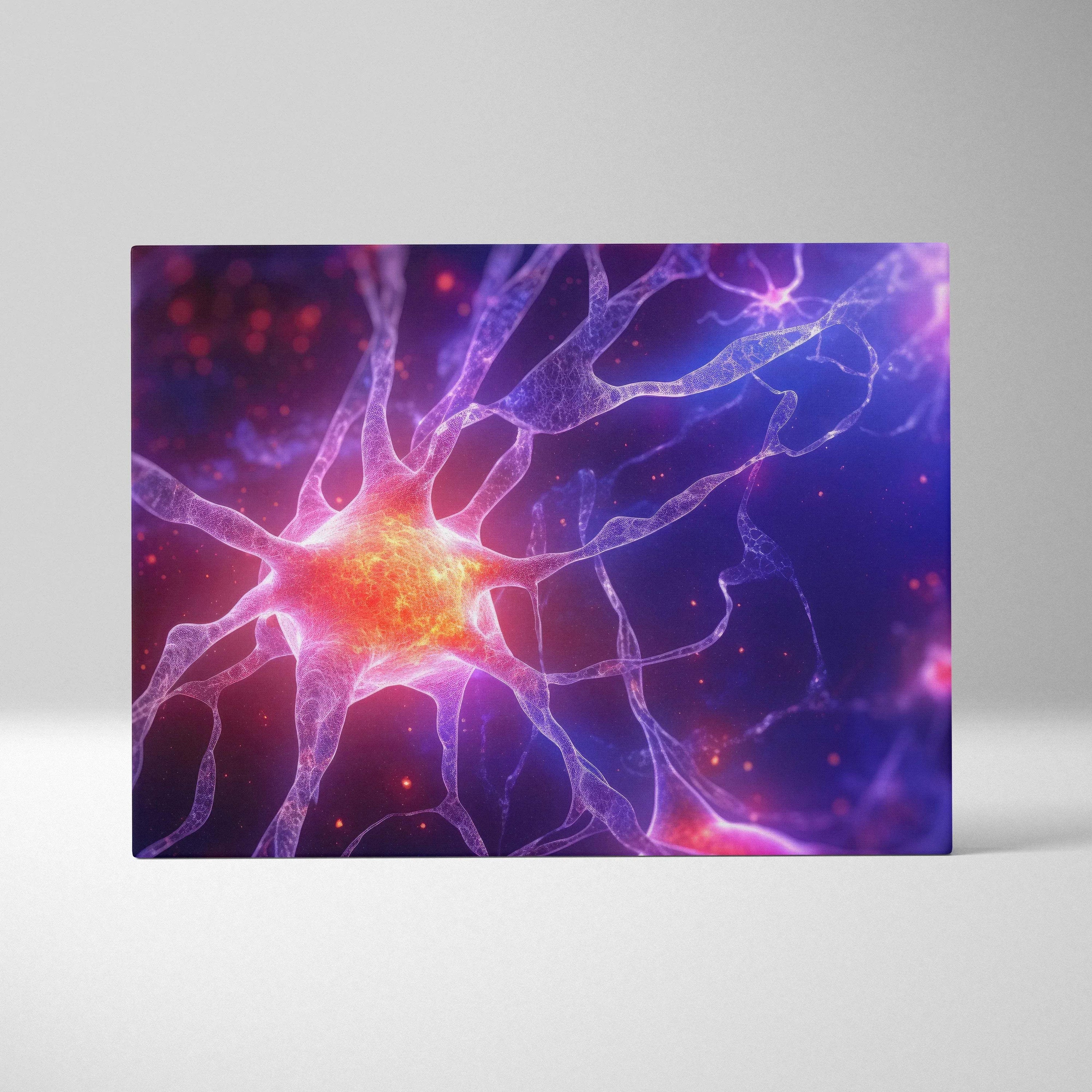 Abstract digital canvas art featuring glowing neural network in vibrant purple, blue, and orange colors.