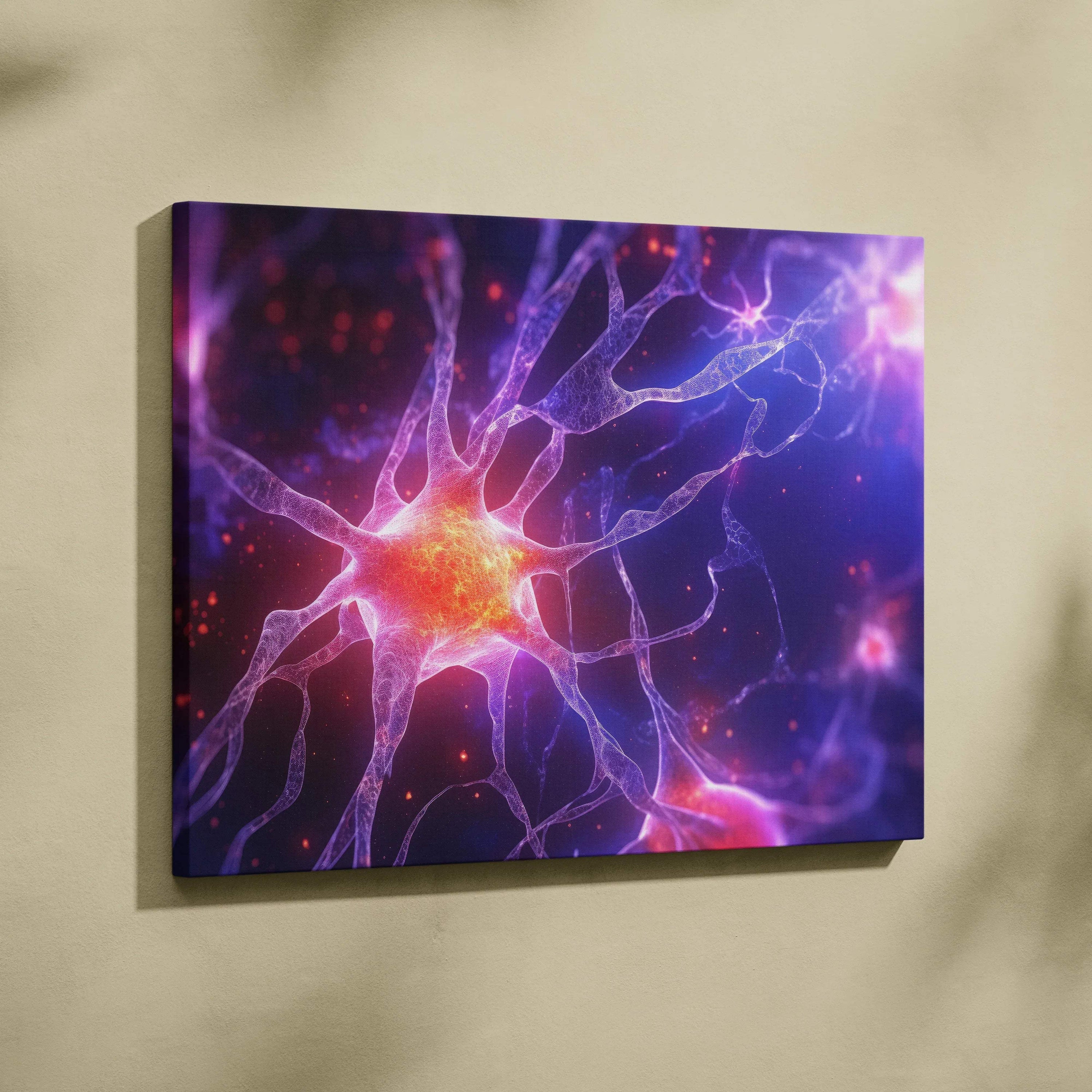 Abstract digital canvas wall art featuring vibrant purple and orange neural network design.
