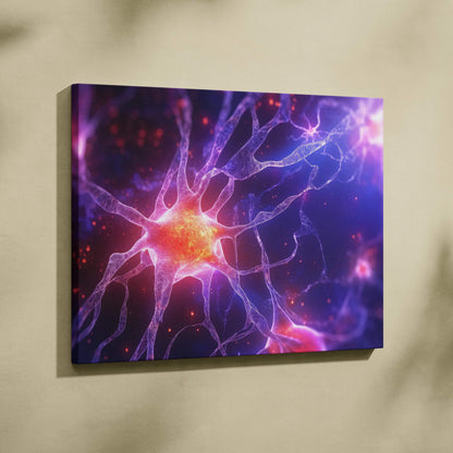 Abstract digital canvas wall art featuring vibrant purple and orange neural network design.