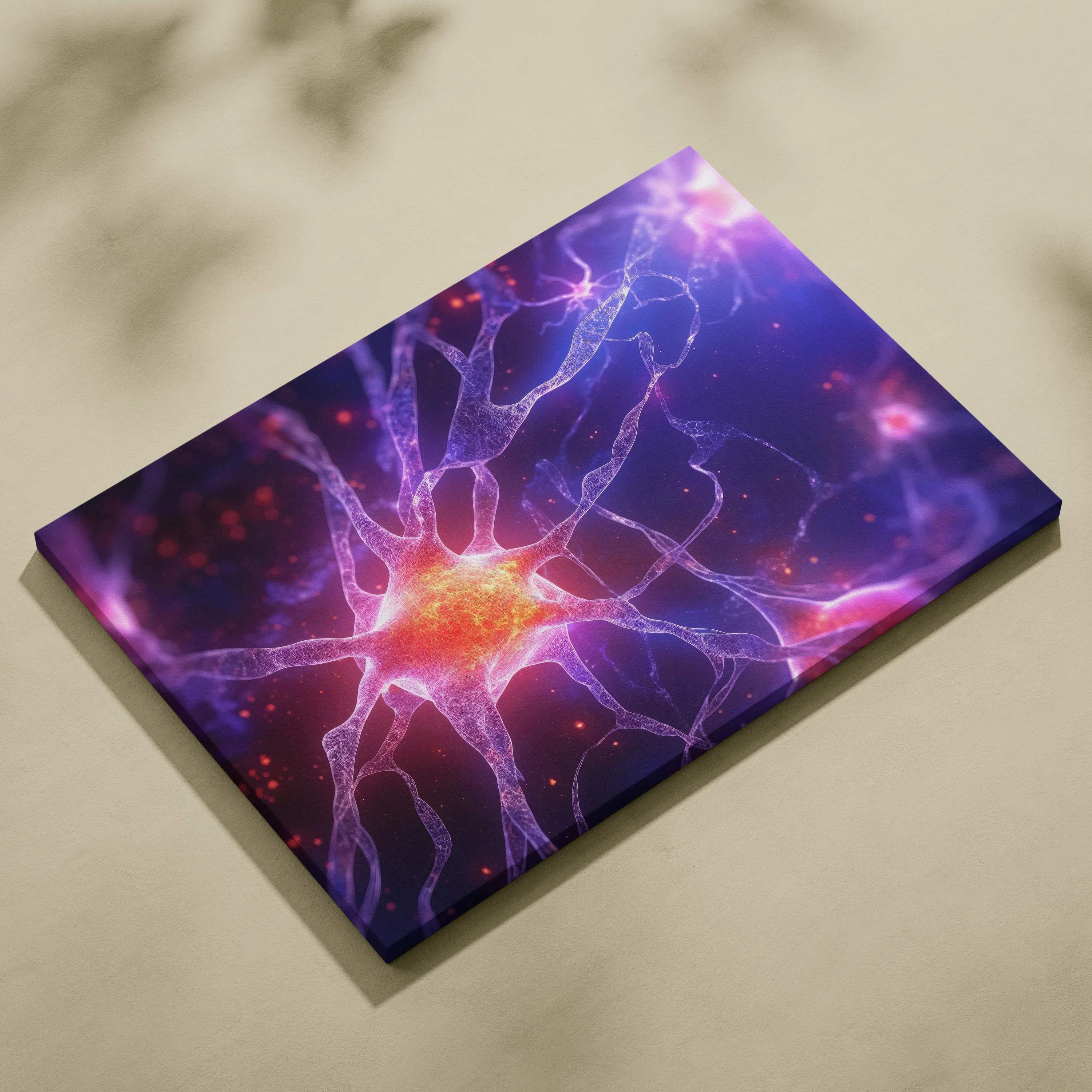 Purple and pink abstract digital canvas art with bright glowing center and branching light patterns.