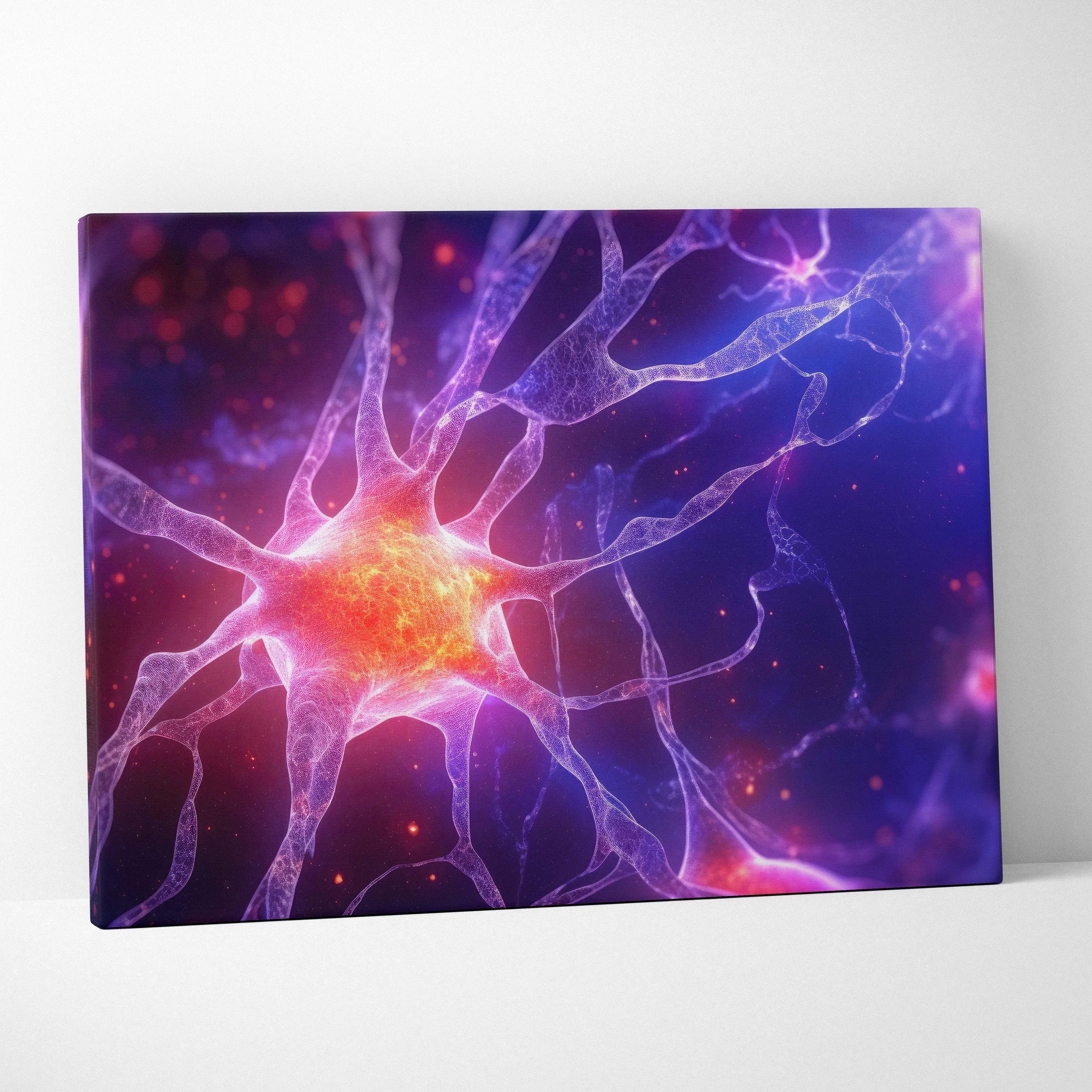 Abstract digital canvas art featuring glowing neuron-like structures in vibrant purple and orange tones on wall art canvas.