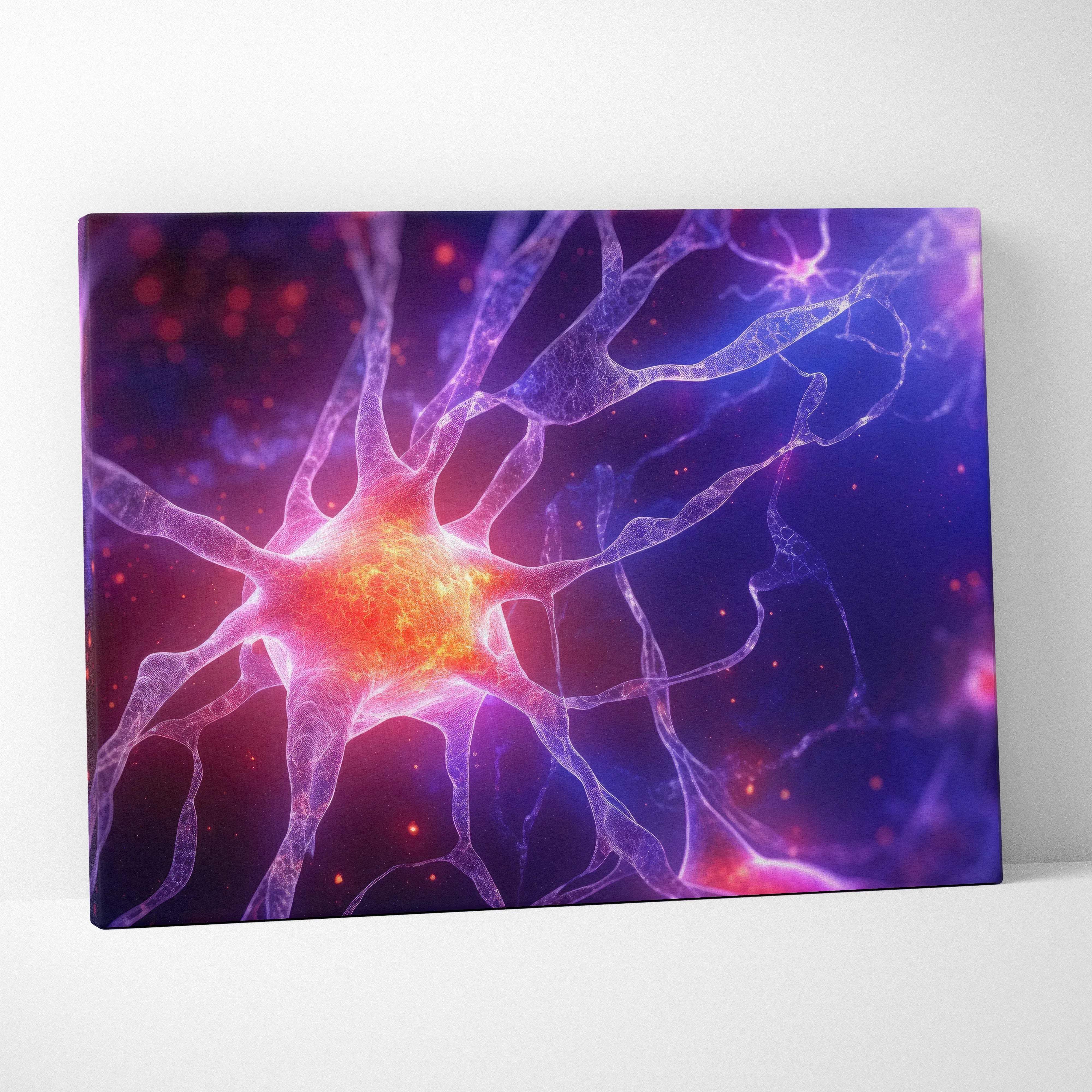 Abstract neural network canvas wall art featuring vibrant purple and orange neuron illustration for contemporary interiors