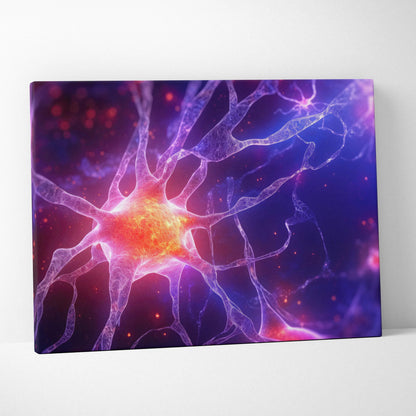 Abstract digital canvas art featuring glowing neuron-like structures in vibrant purple and orange tones on wall art canvas.