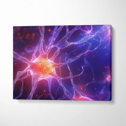 Abstract digital neuron-inspired design in vibrant purple and orange on canvas wall art.