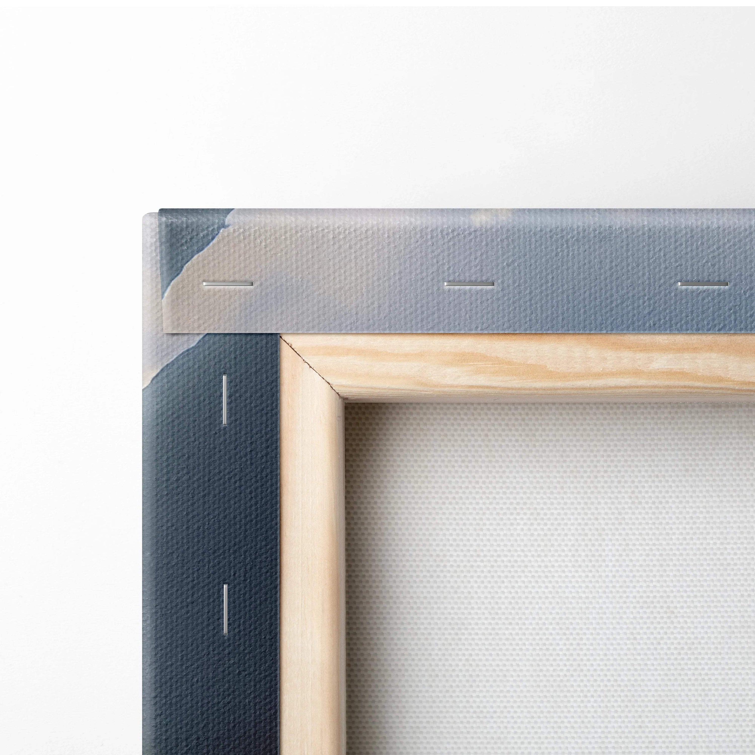 Light wood-framed canvas with gray navy gradient border and misty mountain landscape