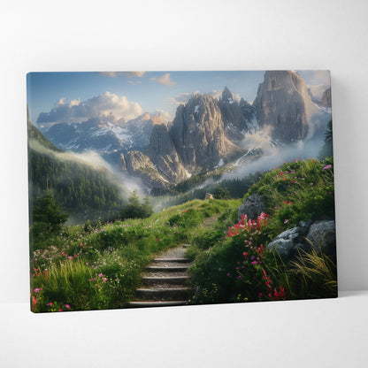 Canvas print of misty mountain trail with flowers and peaks