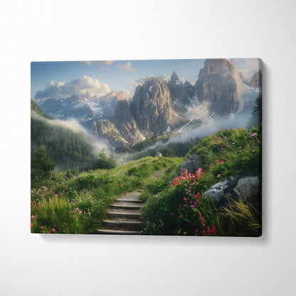 Canvas print of misty mountain path with flowers and peaks