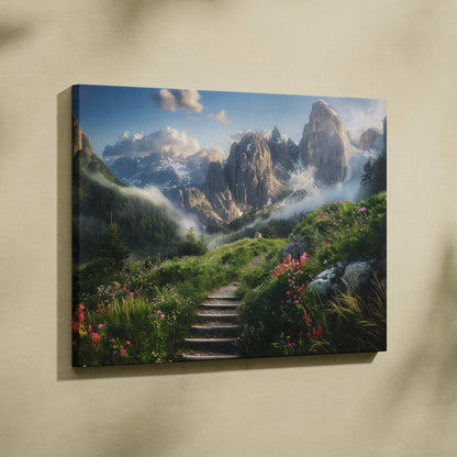 Canvas print of misty morning mountain path with flowers and peaks
