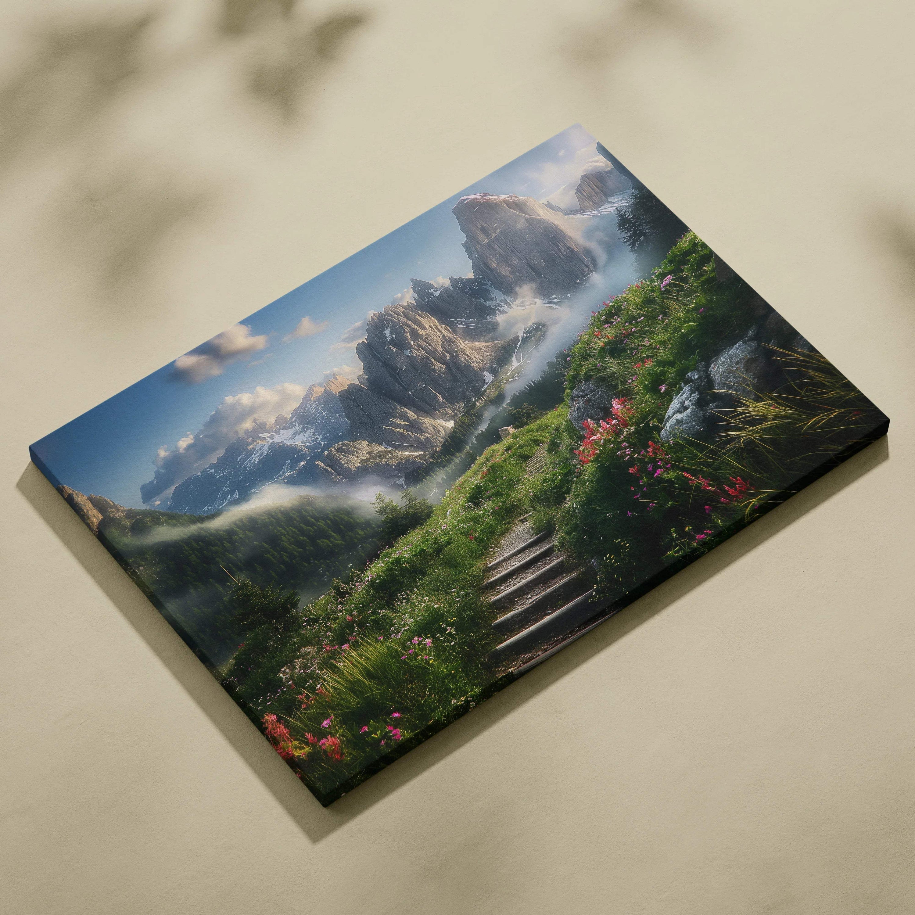 Canvas print of misty mountain range view from valley path with pink flowers