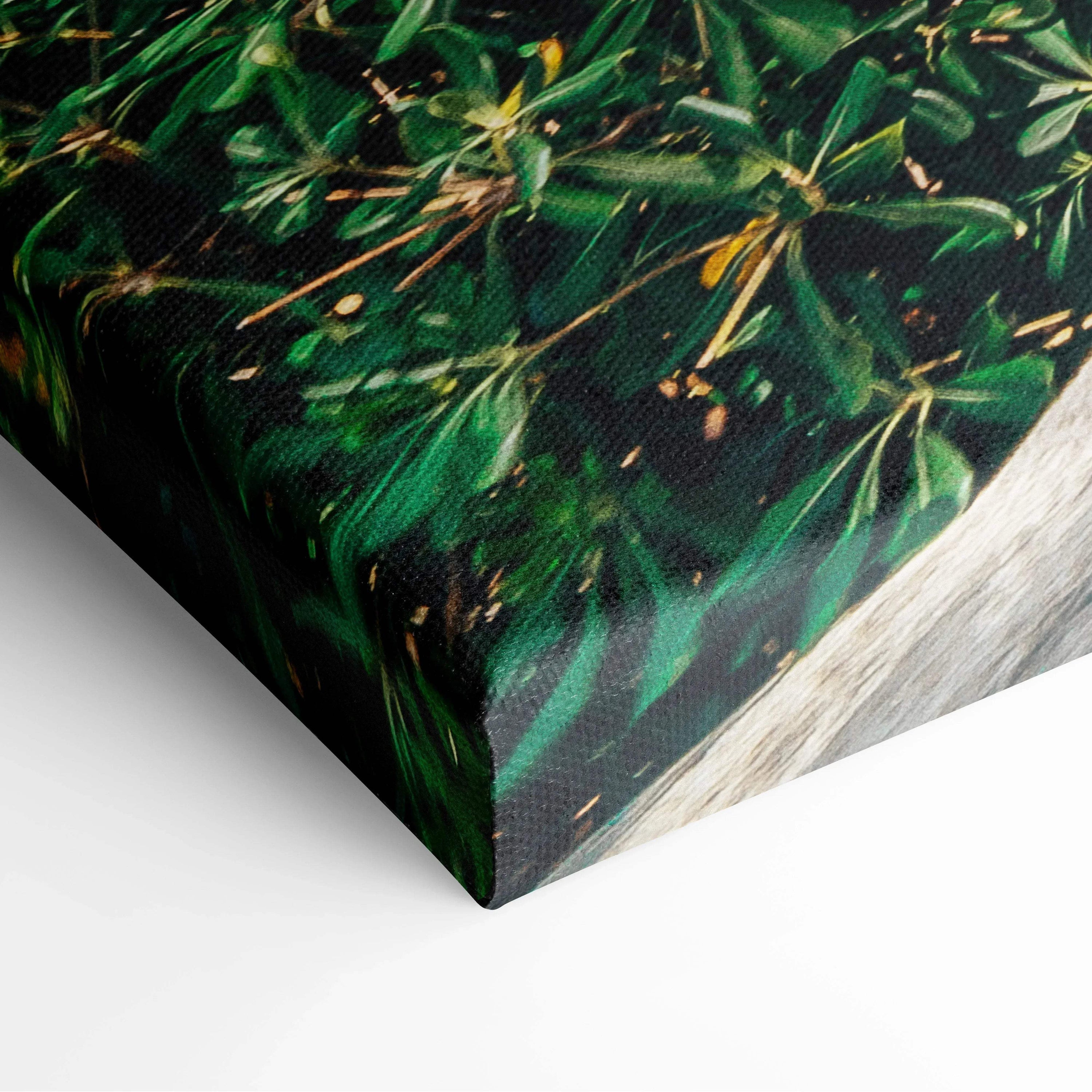 Close-up of green leafy digital art on stretched canvas wall art with wooden frame edge.