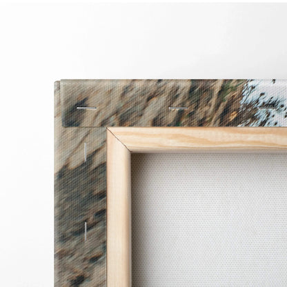 Close-up of wooden frame and natural canvas texture on wall art canvas art panel.