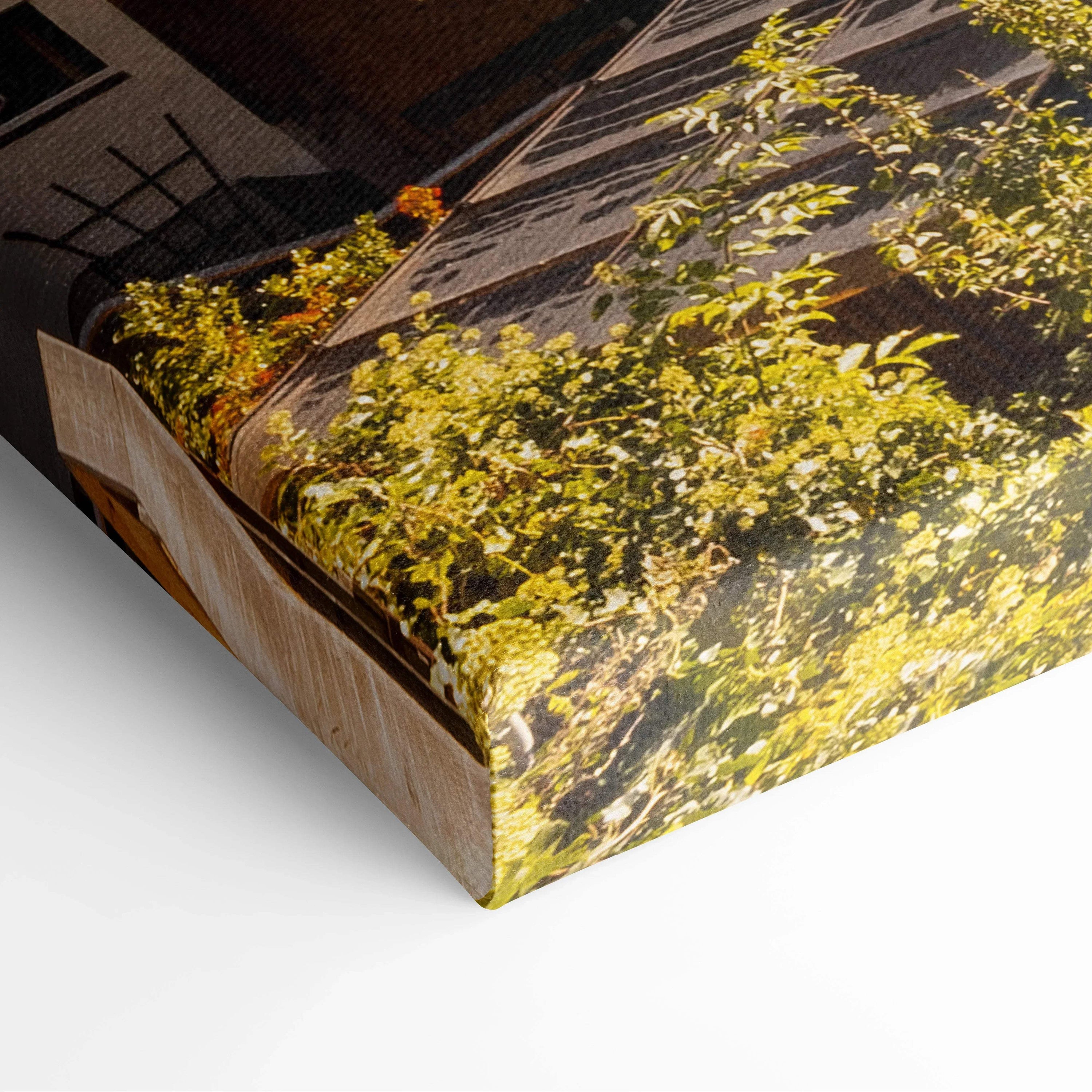 Canvas wall art featuring a digital print of building architecture with yellow-green foliage and shadow details.