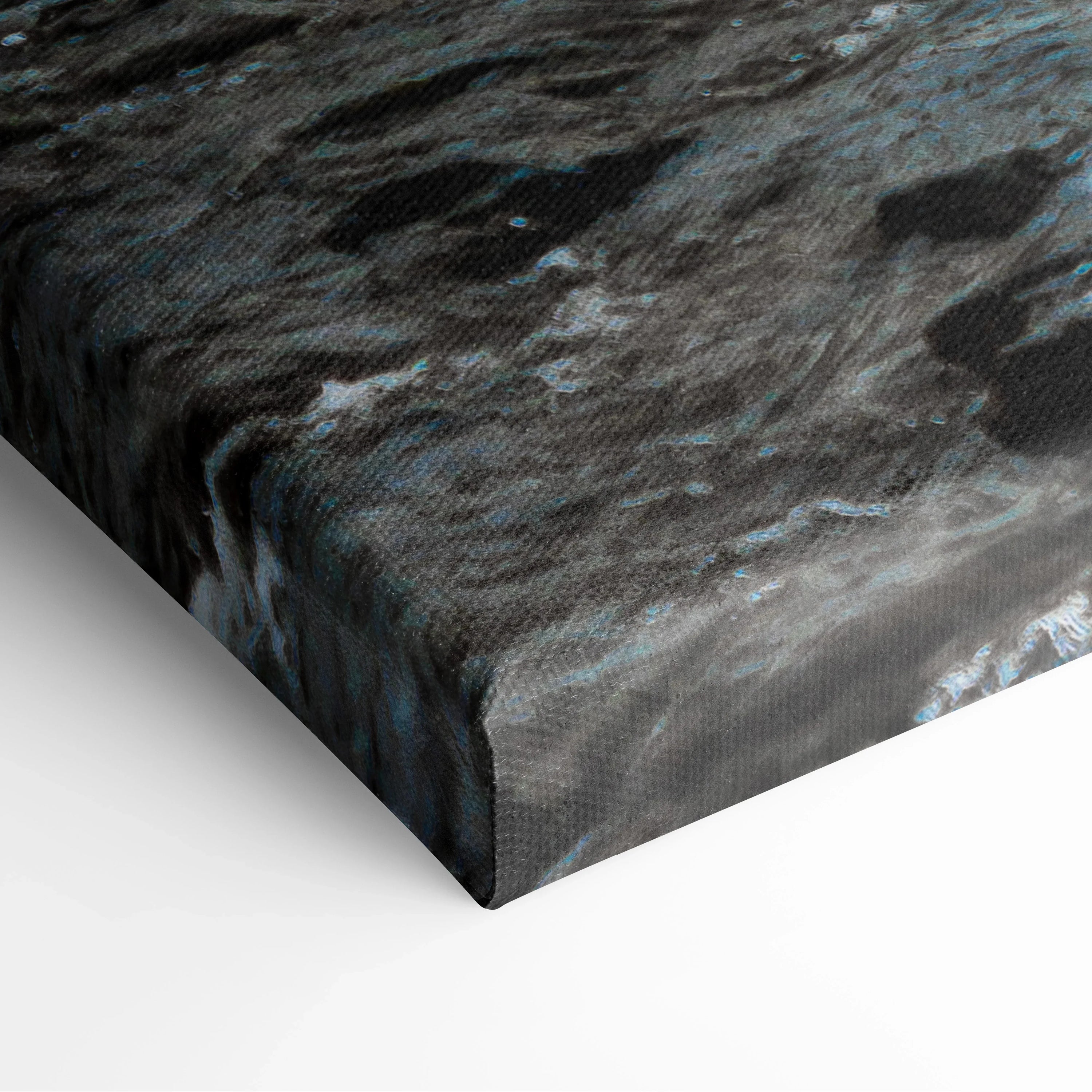 Close-up of textured canvas wall art showing dark turquoise waterfall scene with flowing water details and nature elements.