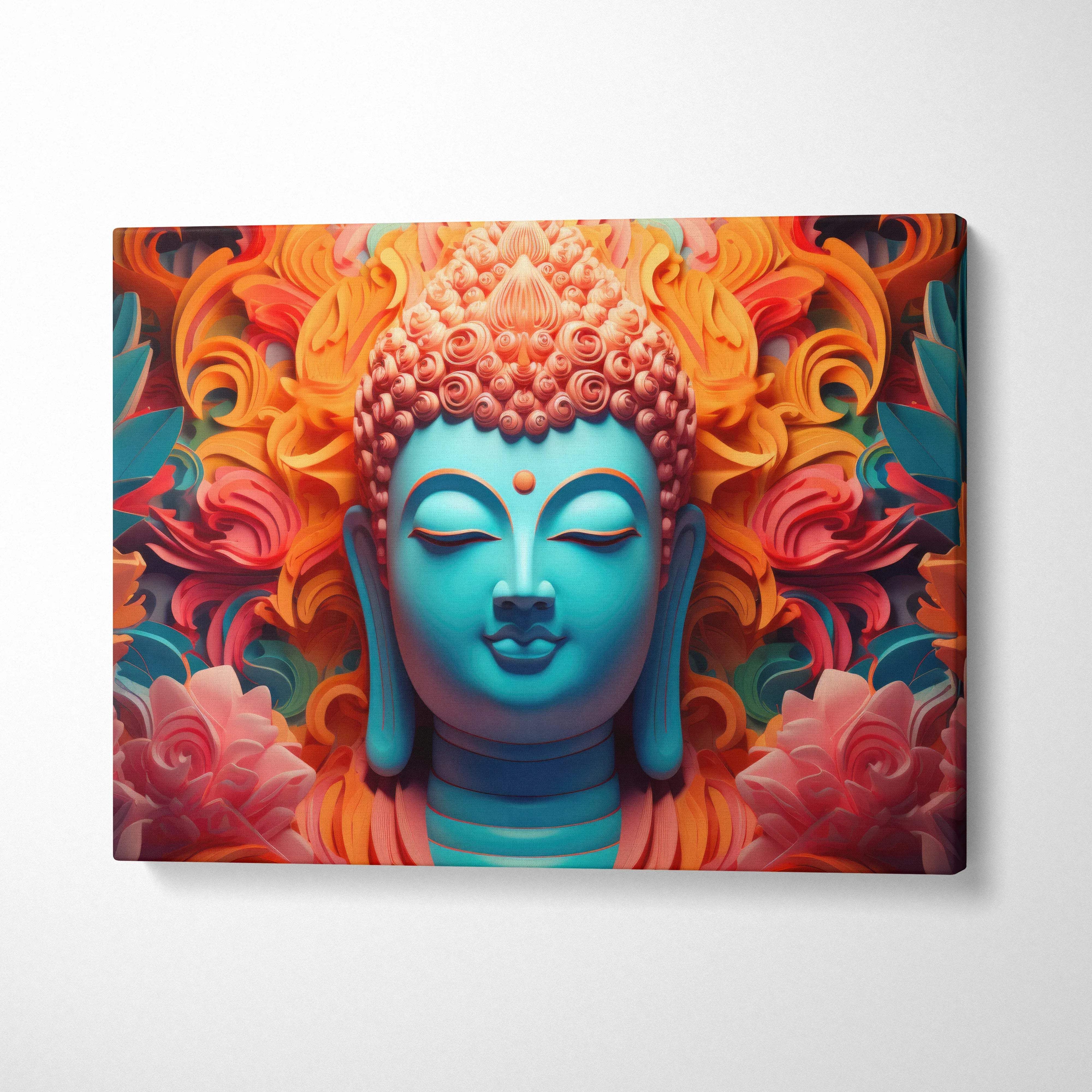 Vibrant turquoise Buddha portrait canvas wall art with orange pink floral swirls