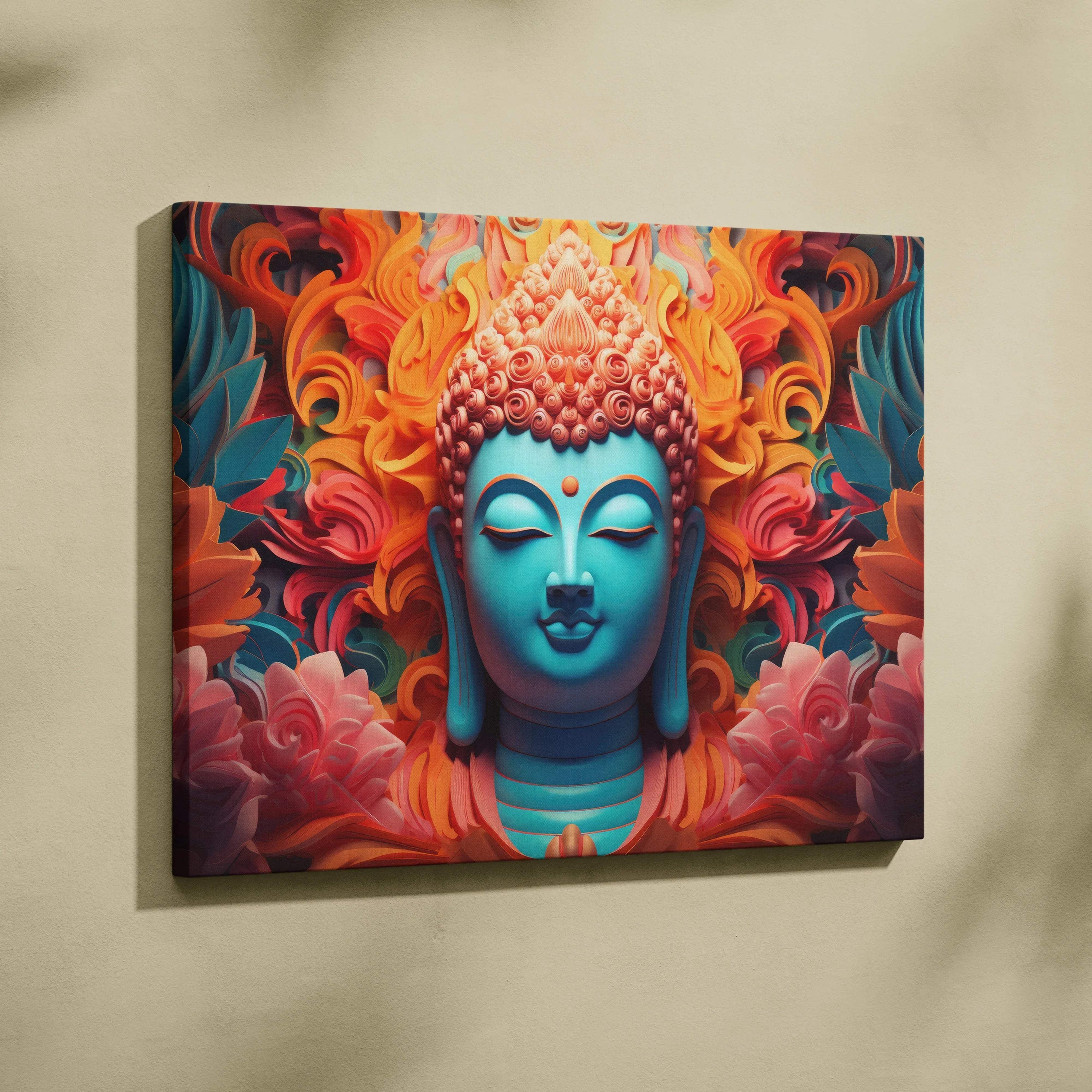 Vibrant turquoise surreal Buddha portrait canvas art with orange pink floral swirls