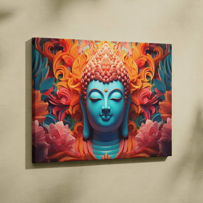 Vibrant turquoise surreal Buddha portrait canvas art with orange pink floral swirls