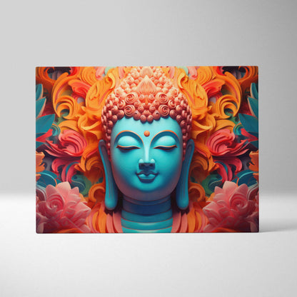 Vibrant turquoise Buddha portrait canvas wall art with swirling orange pink florals