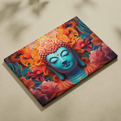 Vibrant turquoise Buddha portrait canvas art with pink orange floral swirls