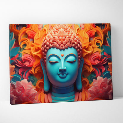 Vibrant turquoise Buddha portrait canvas wall art with orange pink floral swirls