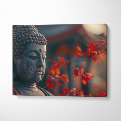 Contemporary Buddha head canvas wall art with red autumn foliage backdrop