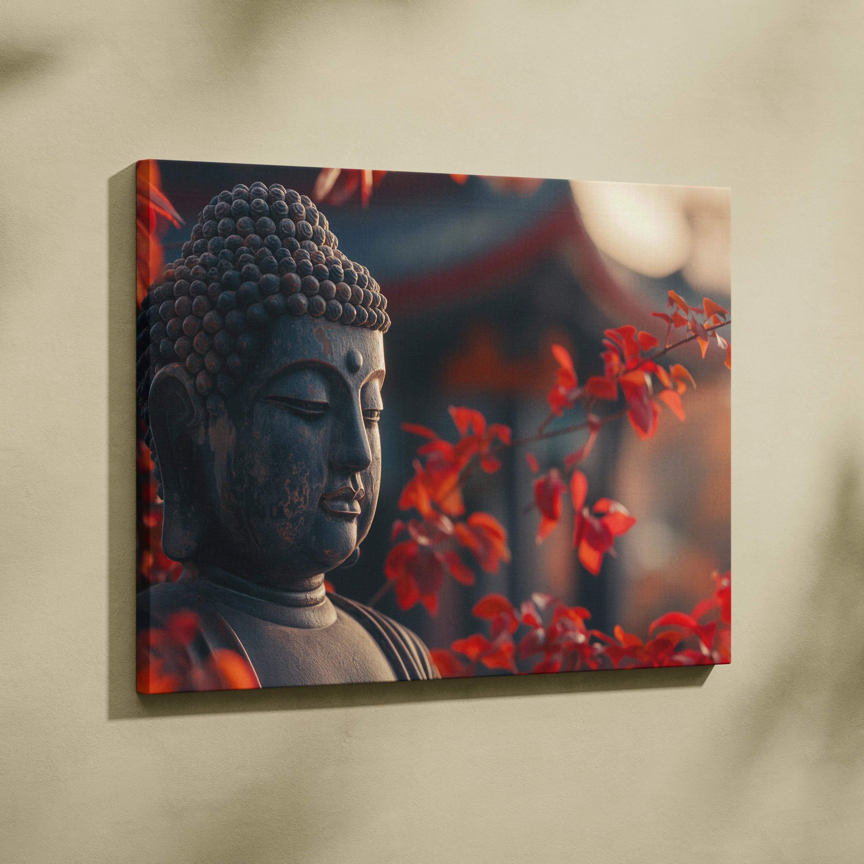 Contemporary Buddha head canvas wall art with red foliage backdrop