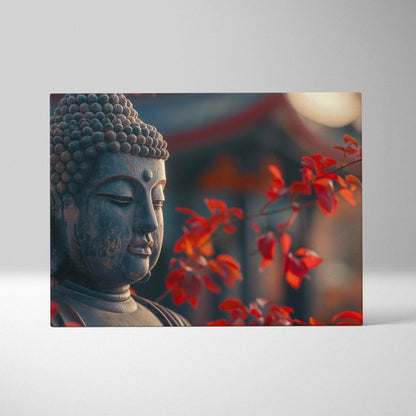 Serene stone Buddha head canvas art with red autumn foliage backdrop