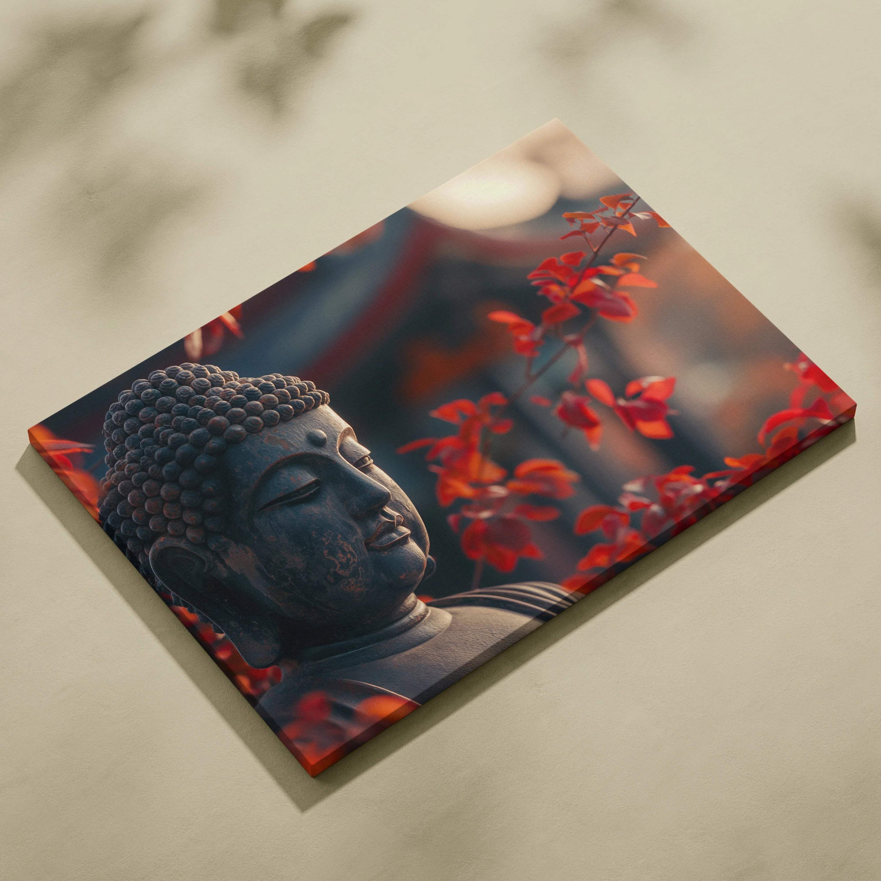 Serene dark-toned Buddha head canvas print with red autumn leaves backdrop