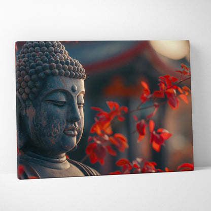 Serene gray stone Buddha head canvas art with red autumn foliage backdrop