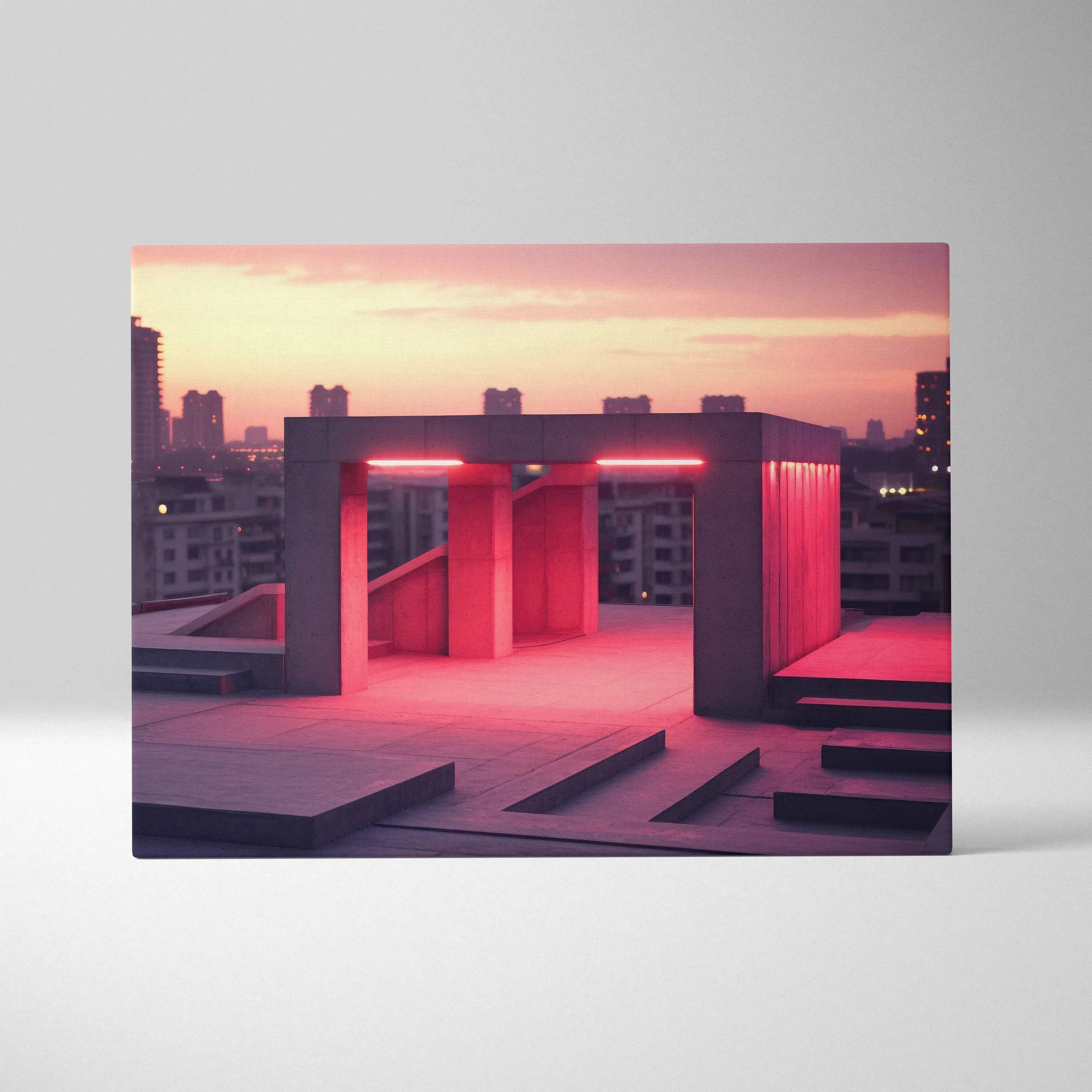 Abstract digital art canvas featuring a pink and purple urban rooftop scene with geometric shapes, modern wall art.