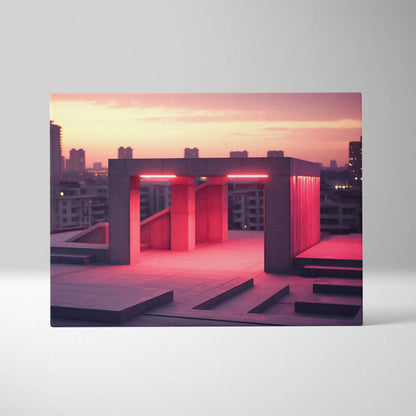 Abstract digital art canvas featuring a pink and purple urban rooftop scene with geometric shapes, modern wall art.