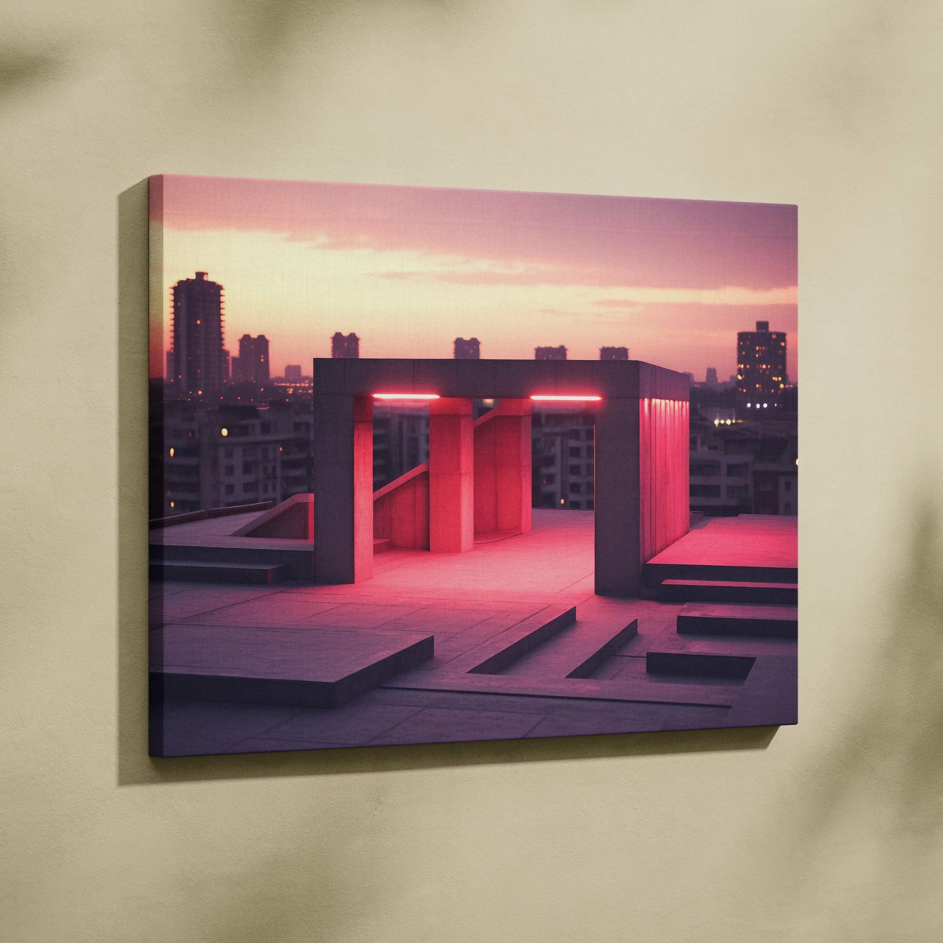 Abstract digital art canvas print featuring a pink and purple cityscape with geometric rooftop structures at sunset.