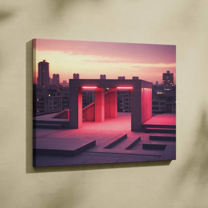 Abstract digital art canvas print featuring a pink and purple cityscape with geometric rooftop structures at sunset.