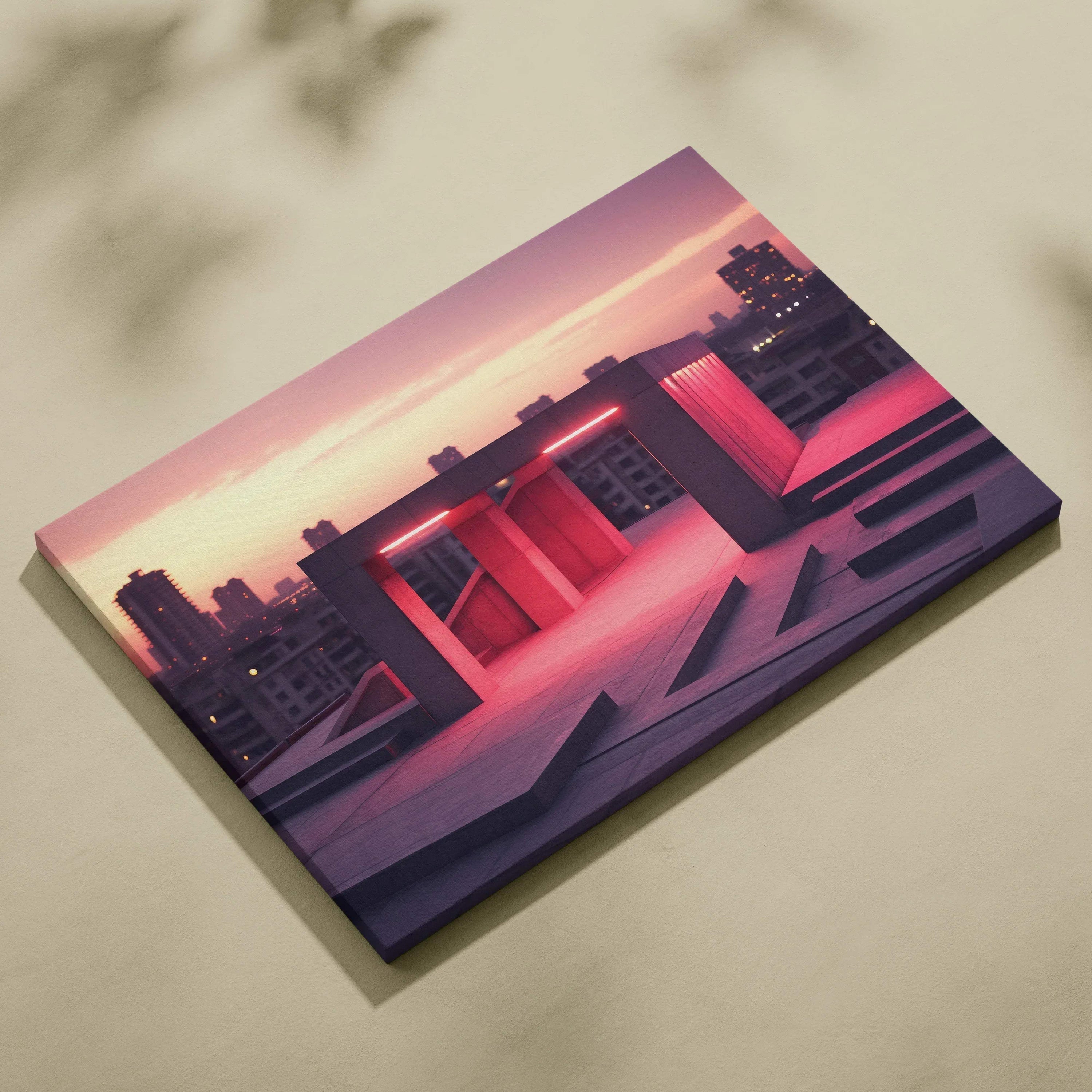 Canvas art print featuring abstract digital urban rooftop scene in warm pink and purple tones with geometric shapes and city