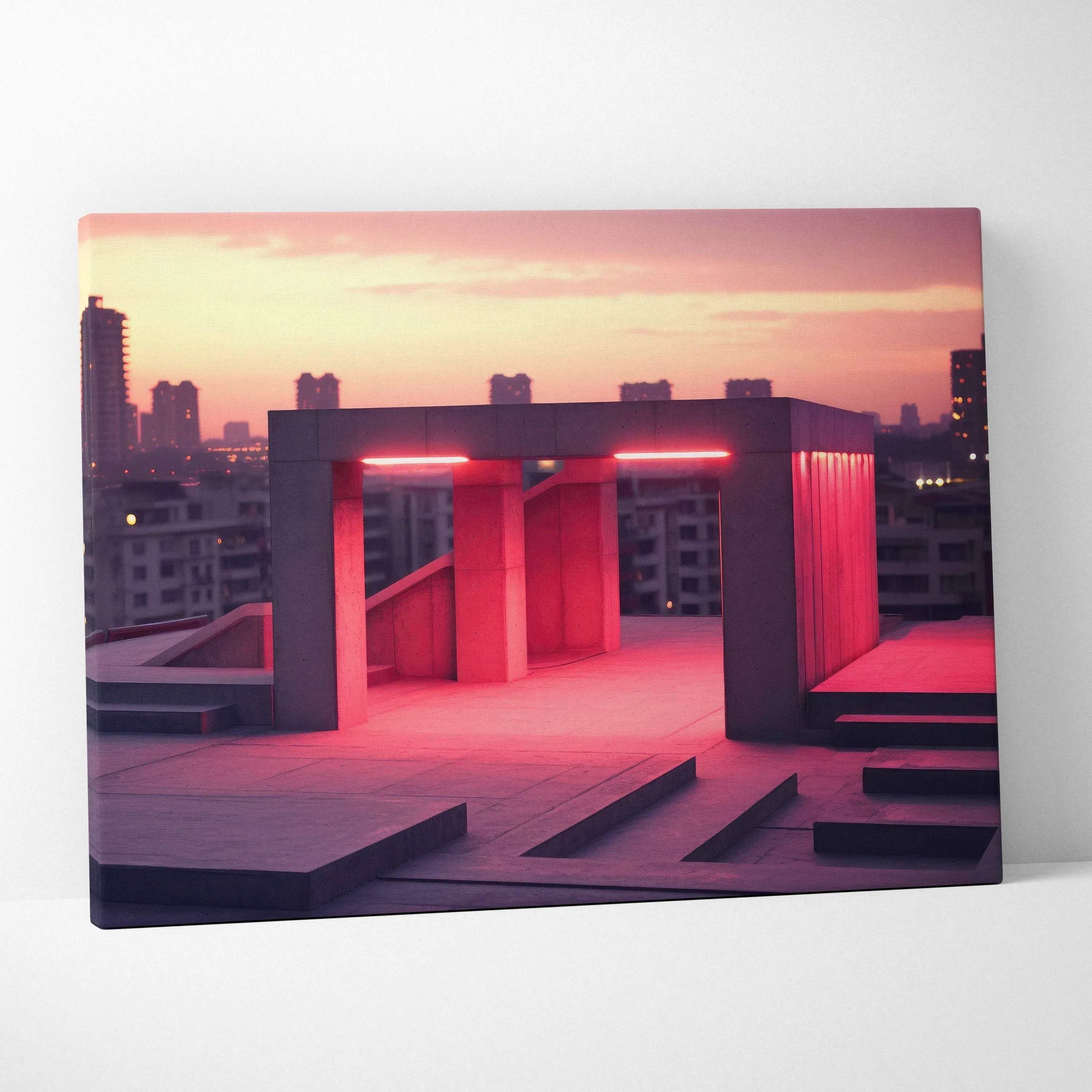 Abstract digital art canvas print featuring a rooftop scene with pink and purple neon lights and urban skyline at sunset.