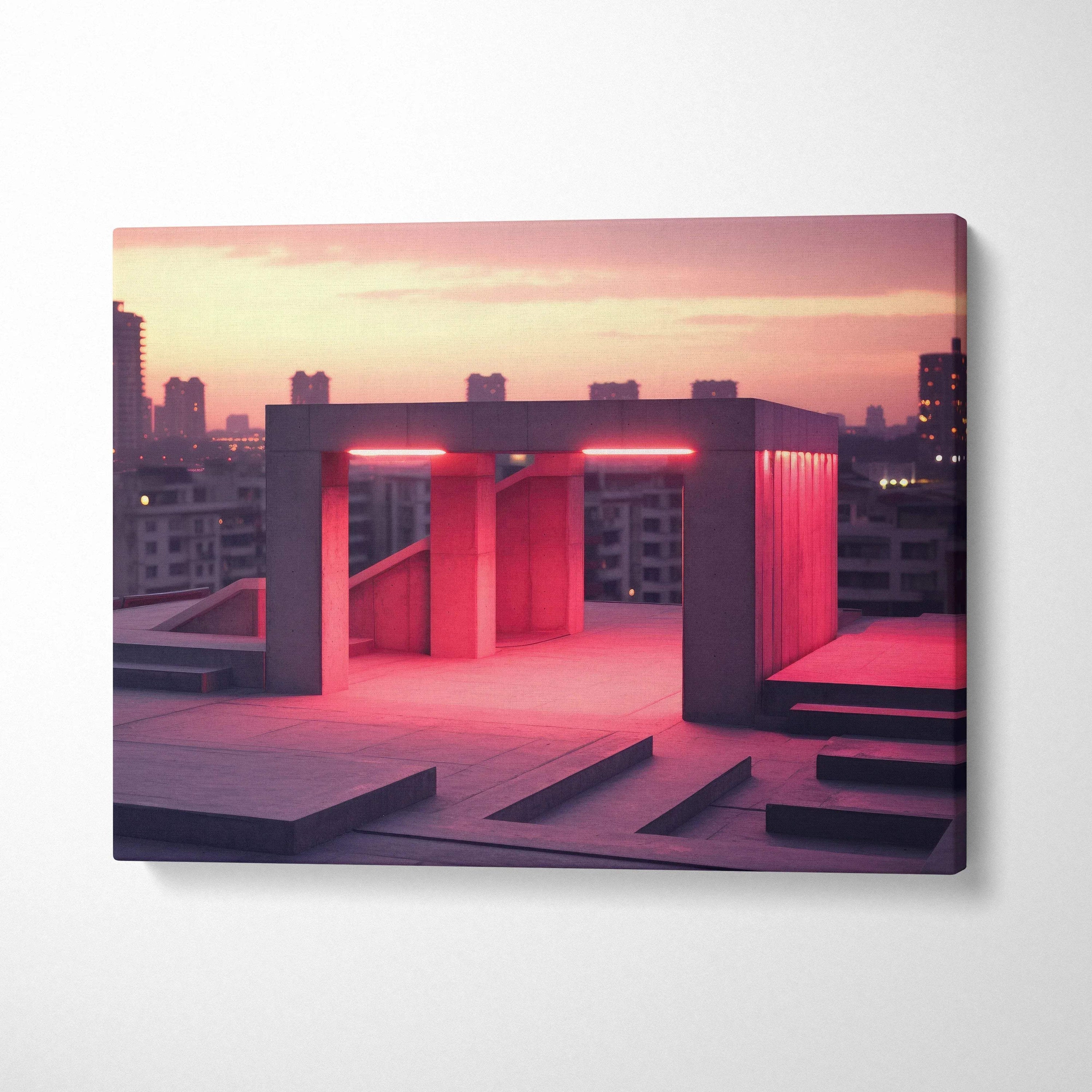 Abstract digital canvas art with pink and purple tones depicting a rooftop structure at sunset wall art.