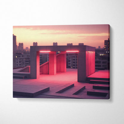 Abstract digital canvas art with pink and purple tones depicting a rooftop structure at sunset wall art.
