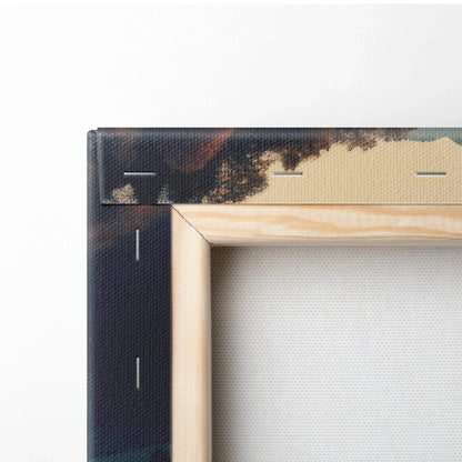 Corner close-up of stretched wooden frame with vibrant autumn nature digital print on canvas wall art.