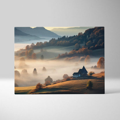 Autumn landscape canvas wall art with misty hills, vibrant fall foliage, and a rustic house.
